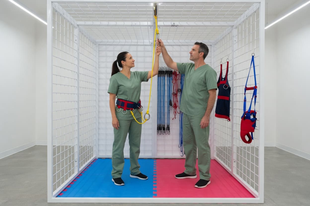 Two therapists rigging the eight-point belt inside the Ability Exercise Unit